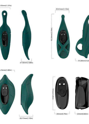 Female Vibrator set with a dark teal handheld stimulator, black control panel and three sculpted sleeves in varied shapes