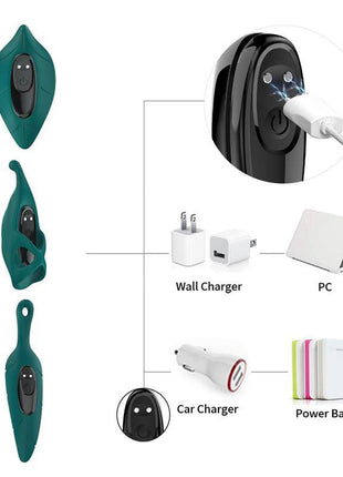 Female Vibrator set with a teal curved stimulator, black control panel and three sleeves, shown with USB charging options