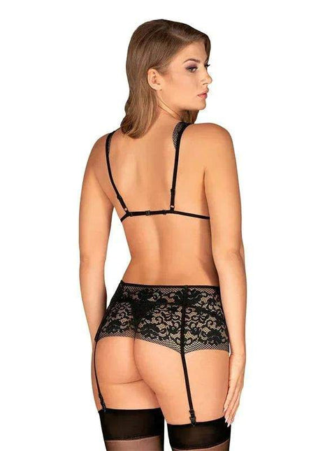 Figurea 3 Piece Lace lingerie set in black, featuring a lace bra, floral lace garter belt and stocking straps