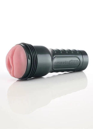 Fleshlight Vibro-Pink Lady Touch sleeve with a dark ribbed plastic case and a pink, sculpted opening