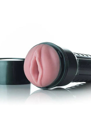 Fleshlight Vibro-Pink Lady Touch sleeve with a soft pink opening, black ribbed casing and separate black cap