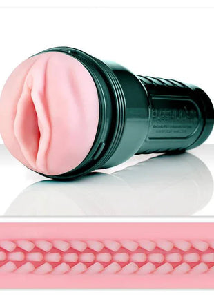 Fleshlight Vibro-Pink Lady Touch sleeve with a pale pink textured opening and glossy dark teal plastic casing