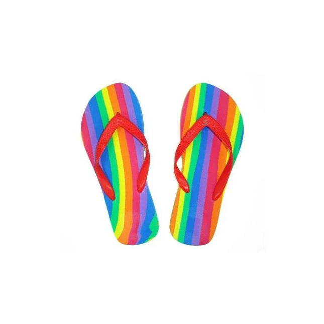 Flip-flops with LGBT+ flag design in size 38-39, featuring vibrant colors and eco-friendly materials