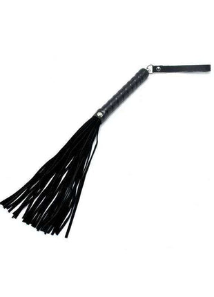 Flogger 35 cm with a black textured handle, wrist strap, and long glossy black leather tails.