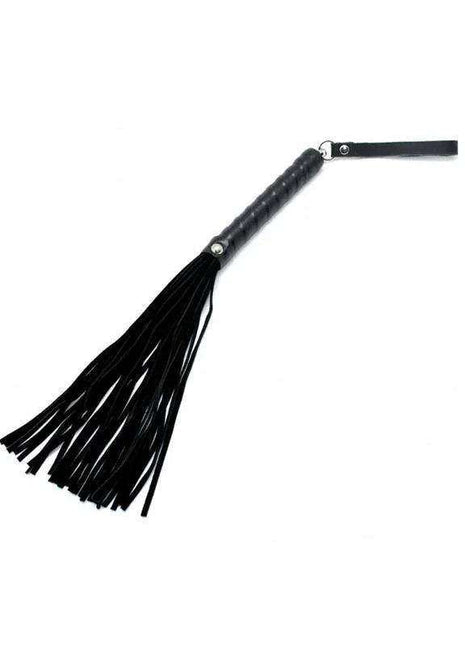 Flogger 35 cm with a black textured handle, wrist strap, and long glossy black leather tails.