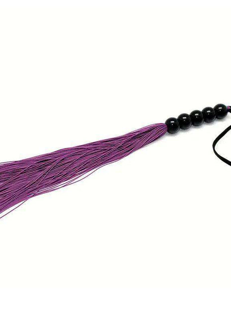 Flogger 38 cm with purple slender tails, a black beaded handle and wrist loop