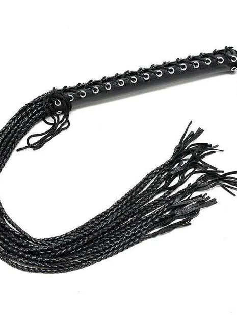 Flogger Leather 90 cm with black braided leather handle, silver eyelets, wrist loop and multiple leather strands