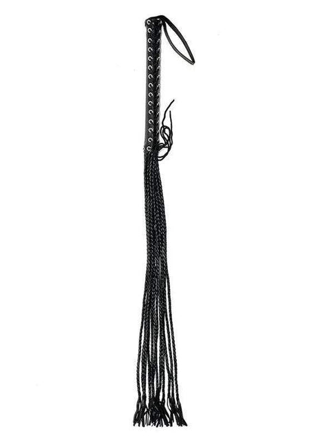 Flogger Leather 90 cm with a black leather handle, metal eyelets, wrist loop and multiple long braided strands.
