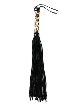 Flogger Leopard 44 cm with a tan leopard-print handle, black wrist loop and long black strands.