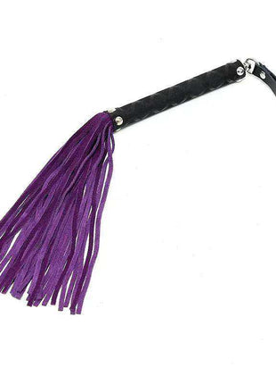 Flogger Purple 35 cm with purple fringe strips, a black textured handle, metal rivets and a wrist loop