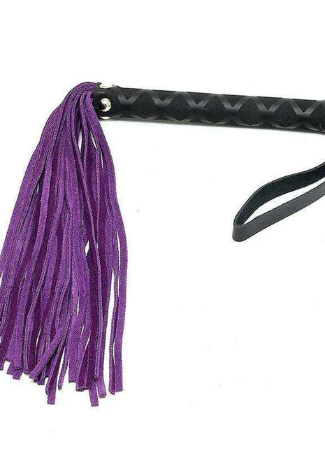 Flogger Purple 35 cm with purple hanging fringe strands, a black woven handle and matching wrist loop.