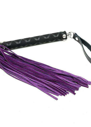 Flogger Purple 35 cm with purple flexible tassels, a black textured handle, metal connector and wrist loop