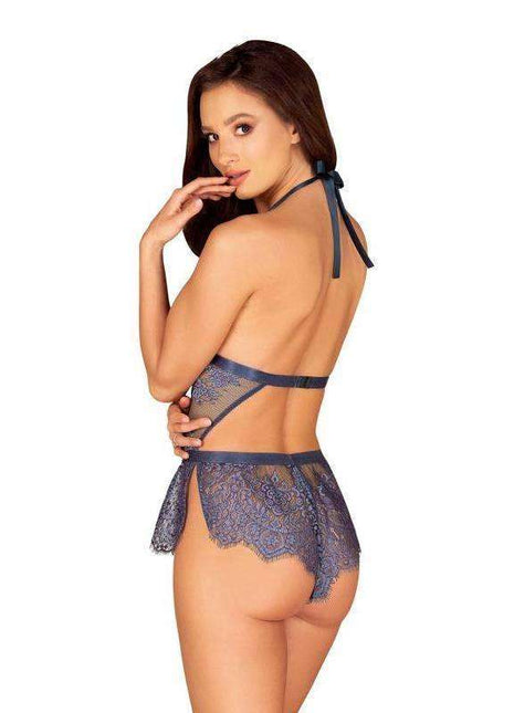 Flowlace Teddy Turqoise Blue lingerie teddy in blue lace with a halter neck, open back and scalloped hem