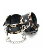 Foot cuffs-Adjustable with leopard-print fabric, black leather straps, silver studs and chain clasp