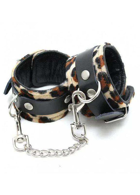 Foot cuffs-Adjustable with leopard-print fabric, black leather straps, silver studs and chain clasp