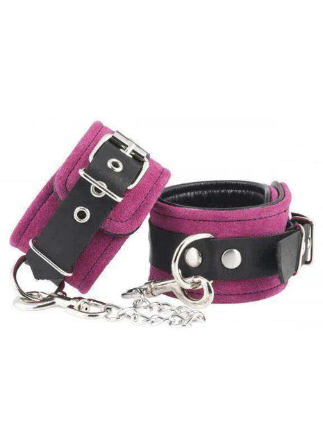Foot cuffs-Adjustable with magenta suede-like bands, black leather straps, silver buckles, rings and chain links