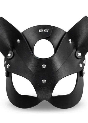 Foxssy Mask Adjustable black leather-like animal mask with pointed ears, silver-tone rivets, and open eye and nose areas