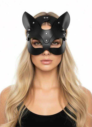 Foxssy Mask Adjustable black faux leather animal mask with pointed ears, eye openings, and silver stud details