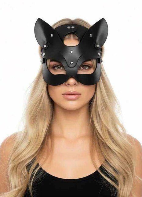Foxssy Mask Adjustable black faux leather animal mask with pointed ears, eye openings, and silver stud details