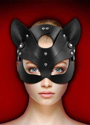 Foxssy Mask Adjustable black faux-leather masquerade mask with pointed ears, silver studs and eye cutouts