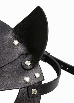 Foxssy Mask Adjustable leather-like black face mask with pointed flared panels and shiny metal rivets
