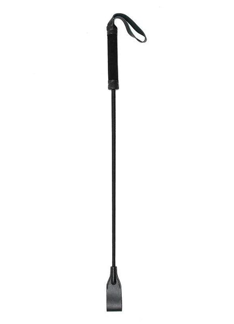 Fusta 70 cm black riding crop with a slim shaft, textured grip, wrist loop and flat rounded paddle end