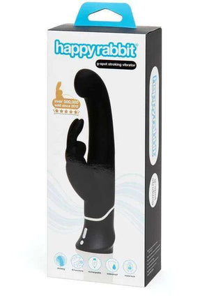 G-Spot Stroker Rabbit Vibrator in black, shown on its retail box with a curved shaft, rabbit ears and tapered handle