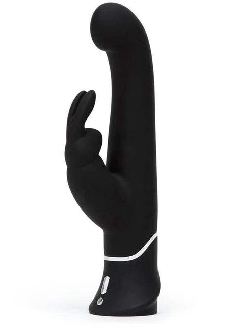 G-Spot Stroker Rabbit Vibrator in black silicone with a curved shaft, rabbit ears and silver control buttons