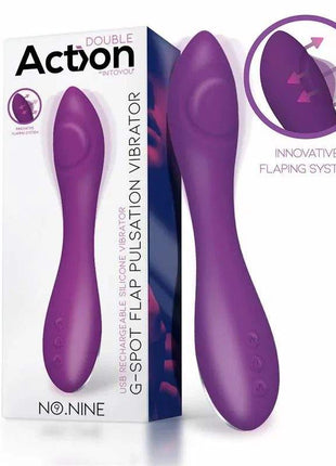 G-Spot Vibrator in purple silicone with a curved head, tapered handle and raised buttons beside its retail box