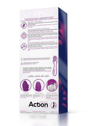 G-Spot Vibrator box with white and purple packaging, flap function text and violet feature illustrations
