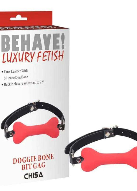 Gag Ball Doggle Bone Bit Red with a bright red bone-shaped gag and adjustable black faux leather strap with metal buckles