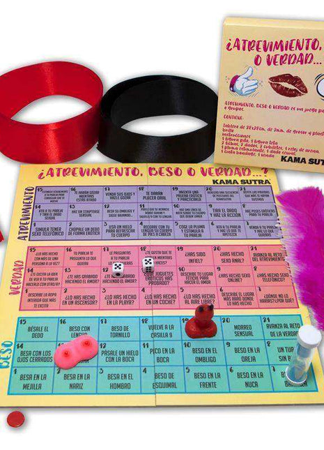 Game of Dare, Kiss and Truth with a colorful Spanish game board, red and black ribbons, feather and game pieces