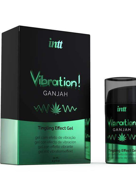 Ganjah Exciting and Vibration Gel 15ml bottle with cannabis flavor and warming, cooling, and vibrating effects for intimate pleasure