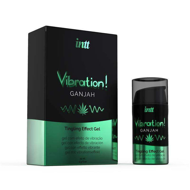 Ganjah Exciting and Vibration Gel 15ml bottle with cannabis flavor and warming, cooling, and vibrating effects for intimate pleasure