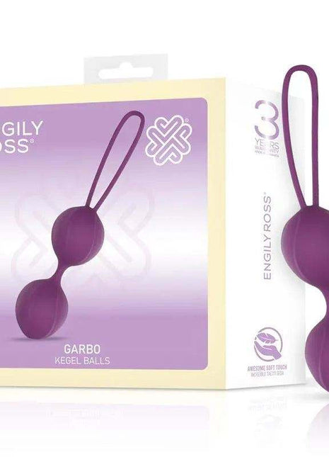 Garbo Double Kegel Ball, purple silicone pelvic floor trainer with two connected rounded weights and a loop handle