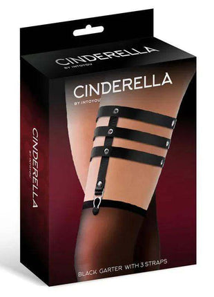 Garter with 3 Straps in black vegan leather, featuring three horizontal bands, stud details and adjustable clips.