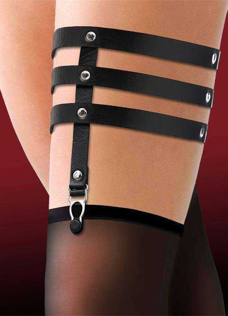 Garter with 3 Straps in black vegan leather, featuring three thigh bands, silver studs and dangling clasp hardware