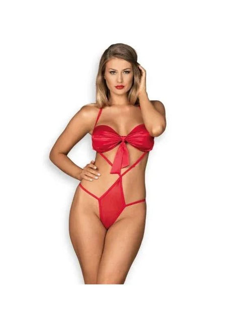 Giftella Teddy Red in bright red sheer mesh with molded cups, slender straps, and a tied bow at the bust