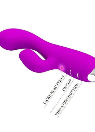 Gloria Vibe with tongue USB, a purple silicone dual-ended vibrator with a curved tongue-like arm and control buttons