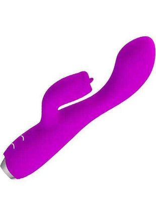 Gloria Vibe with tongue USB, a bright purple silicone vibrator with a curved tongue-like appendage and silver end cap