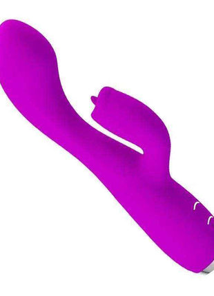 Gloria Vibe with tongue USB vibrator in bright purple silicone, with a curved shaft, tongue-like attachment and control buttons