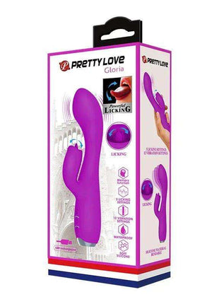 Gloria Vibe with tongue USB, purple silicone vibrator with a curved tongue-like tip and matching retail packaging