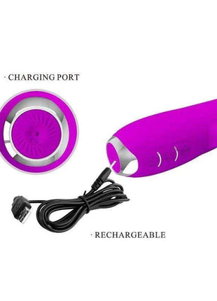 Gloria Vibe with tongue USB, a bright purple vibrator with silver accents, charging port and included black USB cable