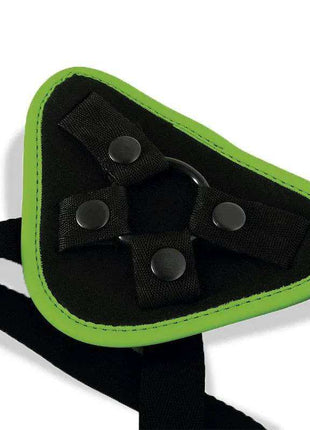 Glow in the Dark strap-on harness with a black triangular fabric pouch, bright green trim, and adjustable black straps
