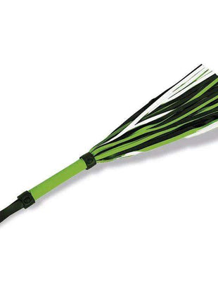 Glow in the Dark Flogger with a bright green handle and black, white, and green flexible vegan leather tails