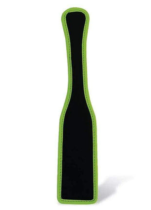 Glow in the Dark Paddle with a black soft-touch surface and bright green stitched border, featuring a narrow handle.