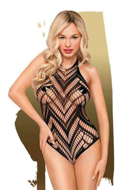Go Hotter Teddy Black, a black sheer fishnet teddy with bold geometric cutout patterns and a high neckline