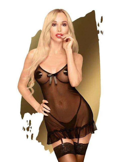 Guilty Icon Chemise in sheer black mesh with satin trim, a front bow, ruffled hem and matching lace stockings