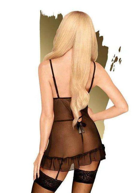 Guilty Icon Chemise in sheer black mesh with thin straps, a tied back, ruffled hem and suspender straps