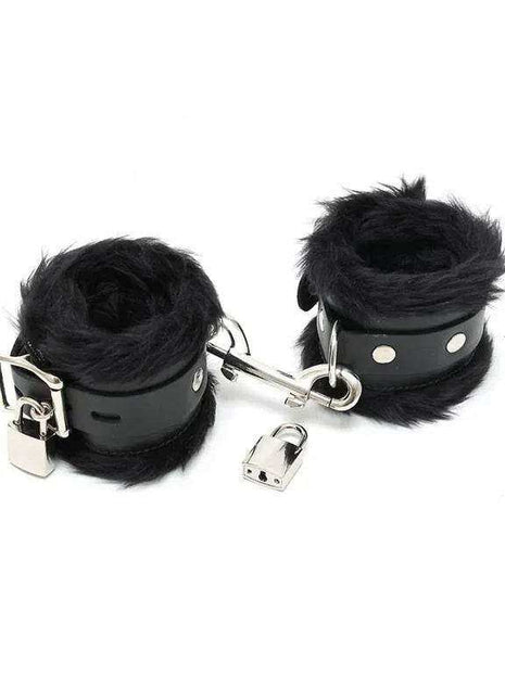 Hand Cuffs LUX 7 with black faux fur cuffs, black straps, silver hardware, and matching padlocks.